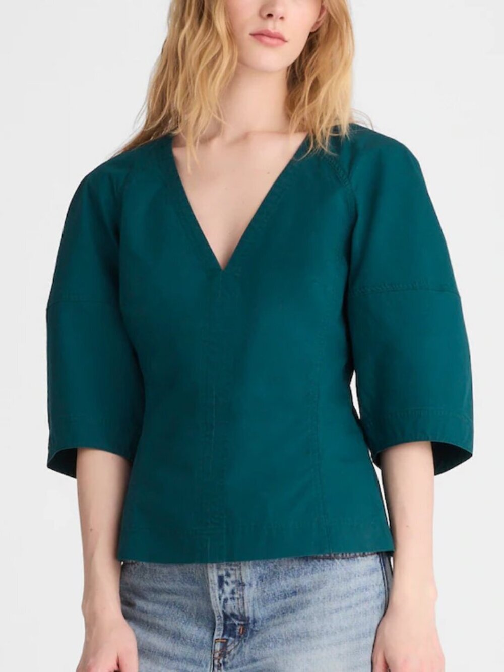 Madewell Sculptural Sleeves Cotton Poplin V-Neck Top Size 14/XL NWT